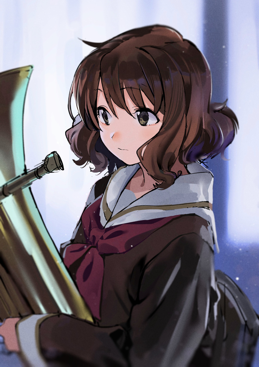 1girl :s absurdres brown_eyes brown_hair commentary euphonium from_side hibike!_euphonium highres holding holding_instrument instrument kitauji_high_school_uniform kitou_sakeru looking_away neckerchief oumae_kumiko red_neckerchief school_uniform serafuku solo upper_body