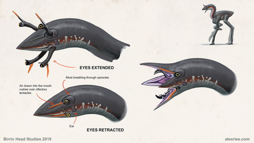 4_eyes 6_legs alex_ries alien ambiguous_gender birrin english_text eyestalks fangs feral grey_body grey_skin multi_eye multiple_images open_mouth orange_body orange_skin solo standing text url white_body white_skin