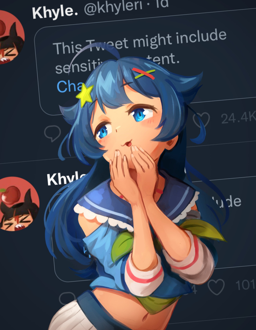 1girl absurdres ahoge bangs blue_eyes blue_hair blue_neckerchief blue_shirt blush english_commentary eyebrows_visible_through_hair hair_ornament hands_on_own_face highres indie_virtual_youtuber khyle. leaning_to_the_side long_hair navel neckerchief senzawa shirt skirt smile solo star_(symbol) star_hair_ornament virtual_youtuber white_skirt