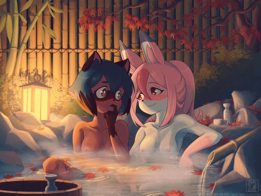 animal_ear_fluff animal_ears anthro autumn_leaves bamboo bamboo_fence bamboo_structure blue_hair blush bottle brand_new_animal breasts canid canine choko_(cup) container cup enigma_(artist) eye_contact face-to-face female female/female fence finger_to_mouth fox fox_ears hair hot_spring lamp lantern leaf long_hair looking_at_another mammal michiru_kagemori nazuna_hiwatashi night nipples nude onsen outside partially_submerged pink_eyes pink_hair plant ponytail raccoon_dog raccoon_ears red_eyes sake_bottle short_hair sitting small_breasts smile steam studio_trigger tanuki tree water
