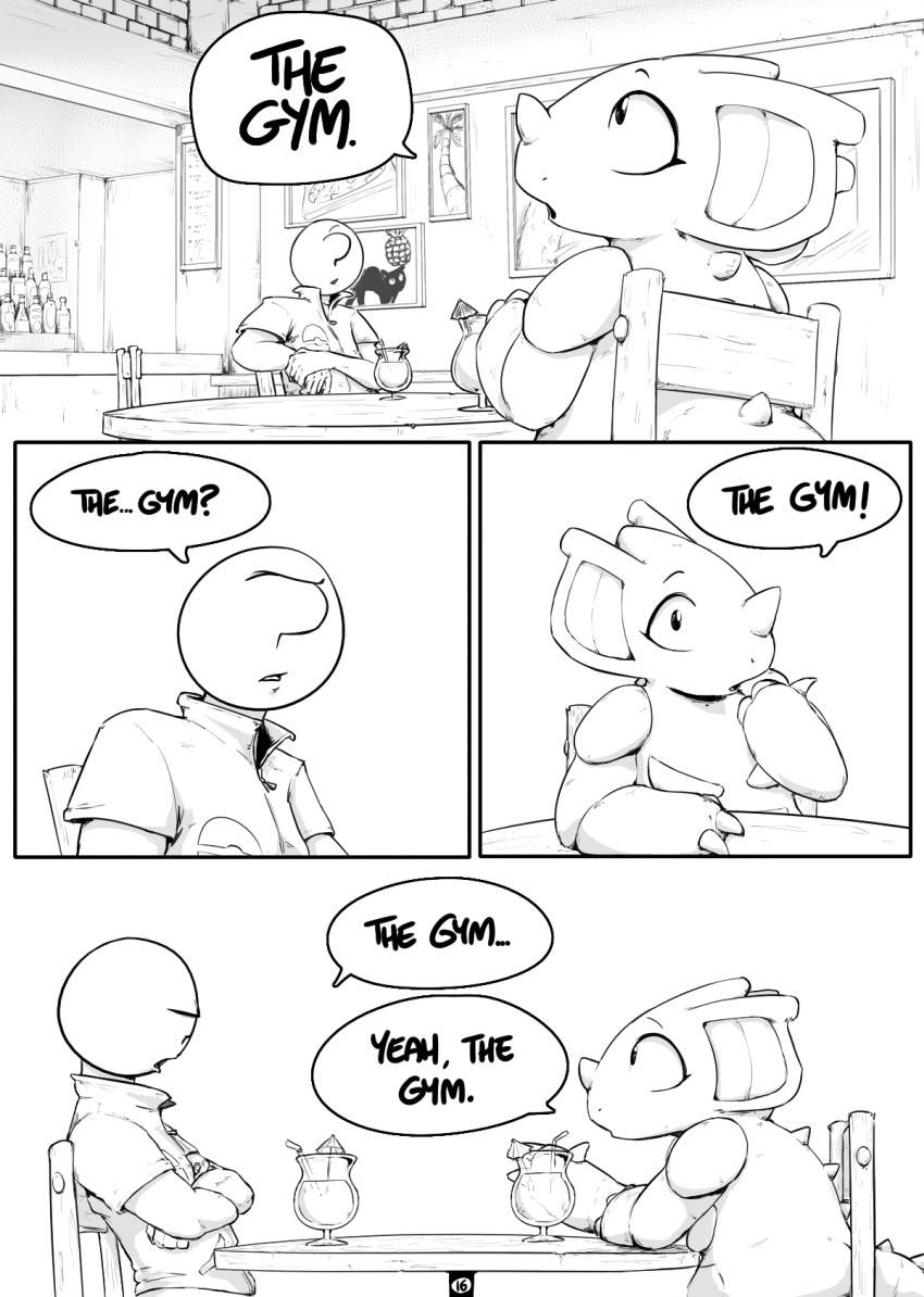 anon anthro beverage black_and_white building clothing comic confusion dialogue duo english_text female furniture hi_res human male mammal monochrome nidoqueen nintendo pok&eacute;mon pok&eacute;mon_(species) queenie_(shoutingisfun) shoutingisfun sitting speech_bubble store table text town video_games
