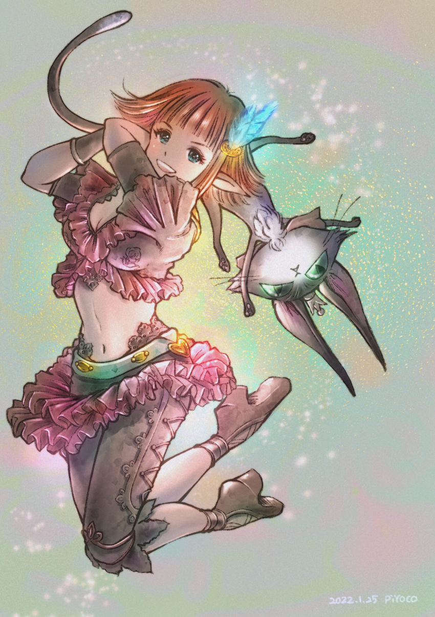 1girl 2022 :d artist_name black_pants blue_eyes blue_feathers breasts cait_sith_(ff11) capri_pants cat cleavage dancer_(final_fantasy) dated feather_hair_ornament feathers final_fantasy final_fantasy_xi hair_ornament highres lilisette looking_at_viewer medium_breasts navel open_mouth pants piyoco pointy_ears red_hair short_hair smile teeth