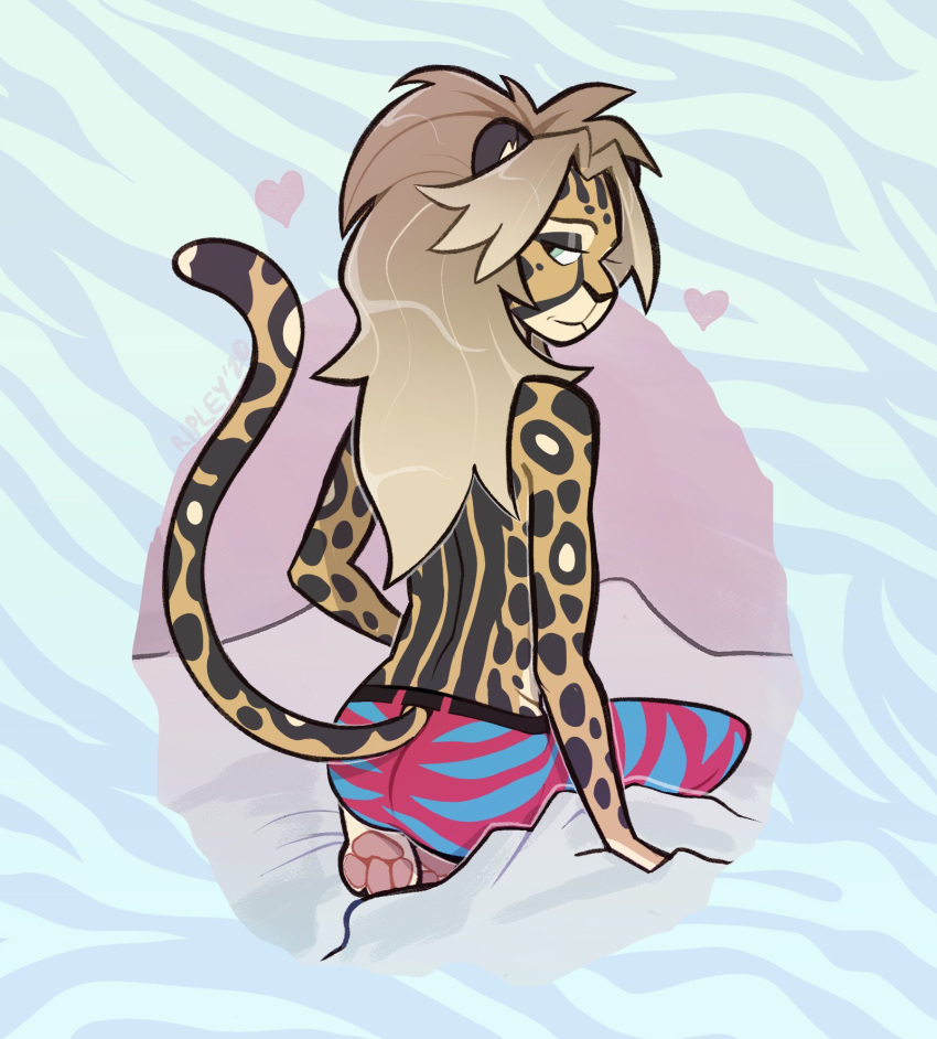 &lt;3 3_toes andromorph andromorph_(lore) anthro auggie_(fleetwoodbrak) barefoot bedroom_eyes black_spots blonde_hair blue_background cheetah clothing feet felid feline fleetwoodbrak fur hair half-closed_eyes hi_res intersex inviting king_cheetah kneeling legwear long_hair looking_at_viewer looking_back mammal narrowed_eyes pattern_background pawpads paws pink_pawpads raised_tail seductive shirtless shirtless_anthro shirtless_male simple_background smile smirk smug smug_face smug_grin soles solo spandex spots spotted_body spotted_fur striped_background tight_clothing tights toes trans_(lore) trans_man_(lore) yellow_body yellow_fur