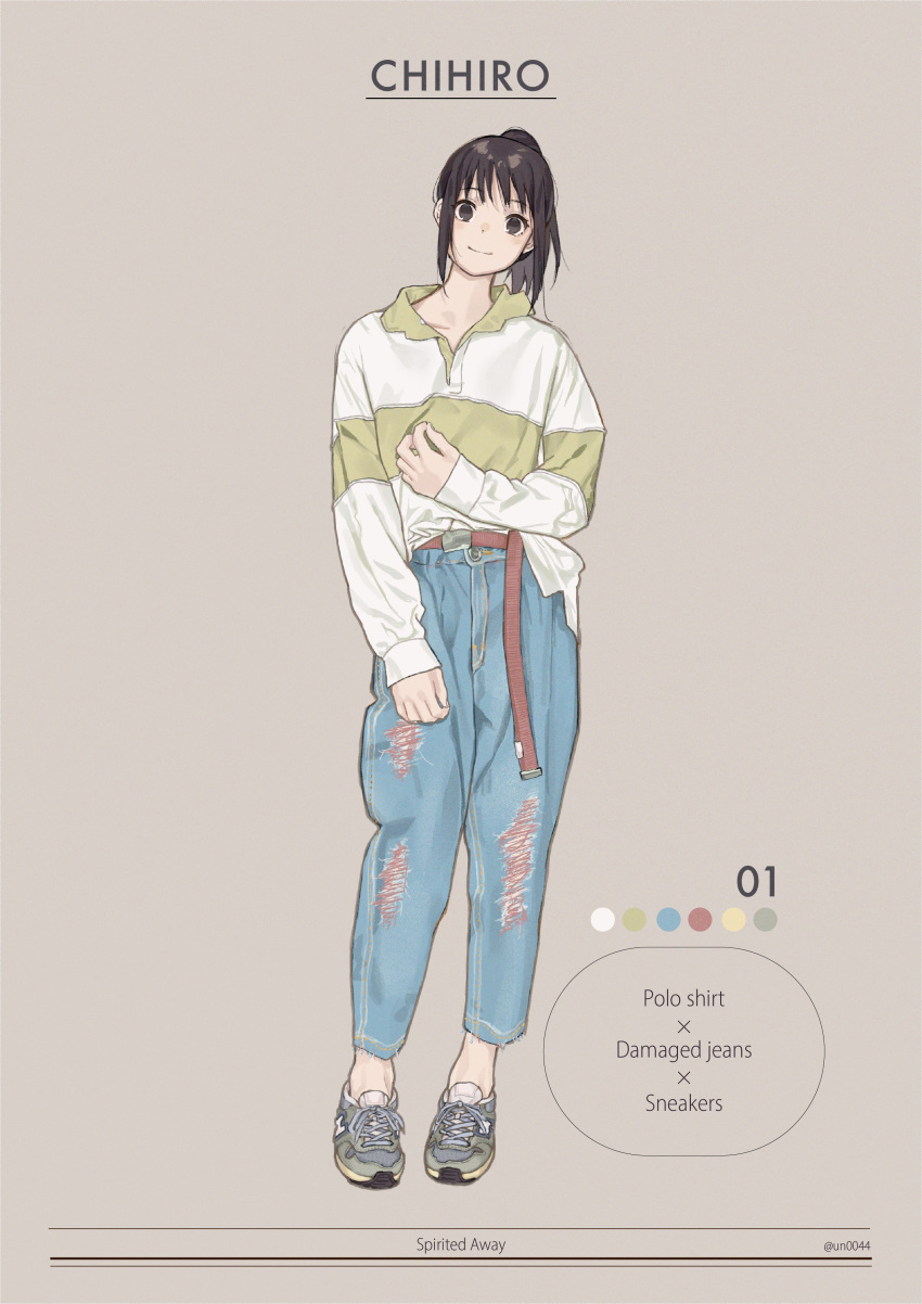 1girl absurdres adapted_costume alternate_costume black_hair casual character_name color_guide denim full_body head_tilt highres jeans looking_at_viewer ogino_chihiro pants pink_background ponytail sen_to_chihiro_no_kamikakushi shoes simple_background sneakers solo torn_clothes torn_pants two-tone_shirt un_(un0044)