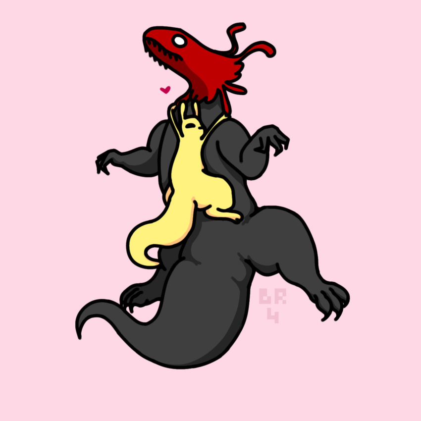 &lt;3 1:1 absurd_res ambiguous_gender black_body black_eyes bruhmoment412 cuddling duo feral hi_res lizard lizard_(rain_world) lying rain_world red_lizard_(rain_world) reptile scalie simple_background size_difference slugcat_(rain_world) thick_tail white_eyes yellow_body