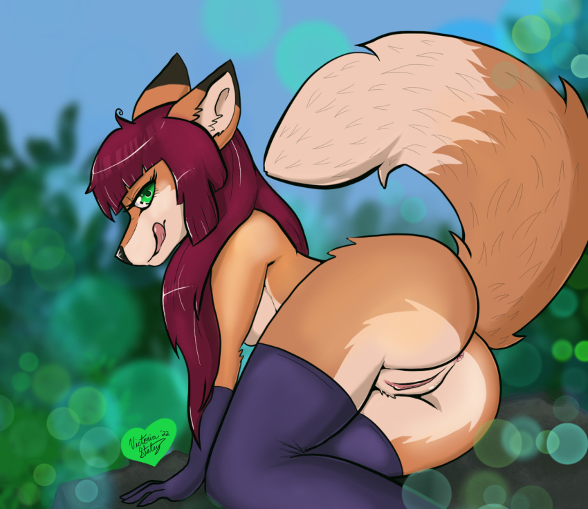 anthro anus breasts canid canine clothed clothing eyelashes female fluffy fluffy_tail fox genitals gloves hair half-closed_eyes handwear legwear long_hair looking_at_viewer mammal mostly_nude narrowed_eyes no_underwear pussy raised_tail red_fox red_hair sarah_furry solo stockings tongue tongue_out