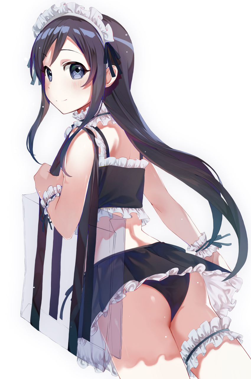 1girl absurdres aragaki_ayase ass bag bikini black_hair blue_eyes cowboy_shot frilled_bikini frills hflat highres long_legs maid maid_bikini maid_headdress ore_no_imouto_ga_konna_ni_kawaii_wake_ga_nai simple_background solo swimsuit white_background