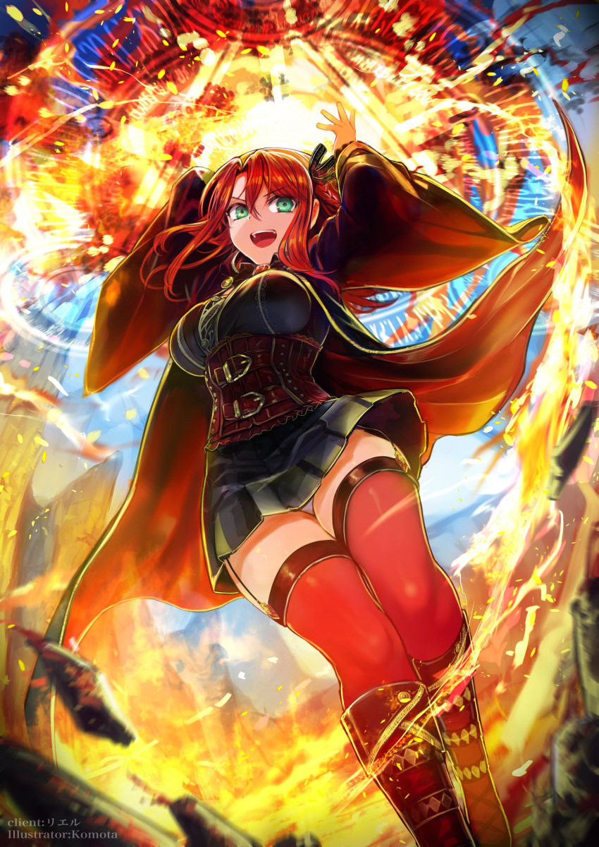 1girl :d absurdres black_dress boots braid chest_belt coat commission corset day dress fire hands_up highres komota_(kanyou_shoujo) legs_together looking_at_viewer magic magic_circle open_clothes open_coat open_mouth original outdoors pyrokinesis red_hair red_legwear short_dress skeb_commission smile solo thighhighs wide_sleeves