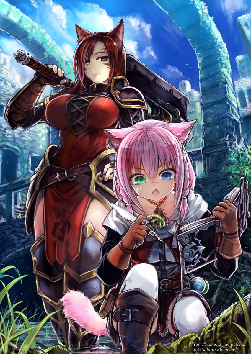 2girls absurdres animal_ears arch armor avatar_(ff14) blue_eyes blue_sky boots breasts brown_footwear cat_ears cat_tail closed_mouth commission day dress facial_mark final_fantasy final_fantasy_xiv greaves green_eyes heterochromia highres holding holding_weapon komota_(kanyou_shoujo) large_breasts looking_at_viewer miqo'te multiple_girls open_mouth outdoors pelvic_curtain pink_hair red_dress red_hair ruins scar scar_across_eye skeb_commission sky smile squatting tail thighhighs weapon whisker_markings white_legwear wide-eyed