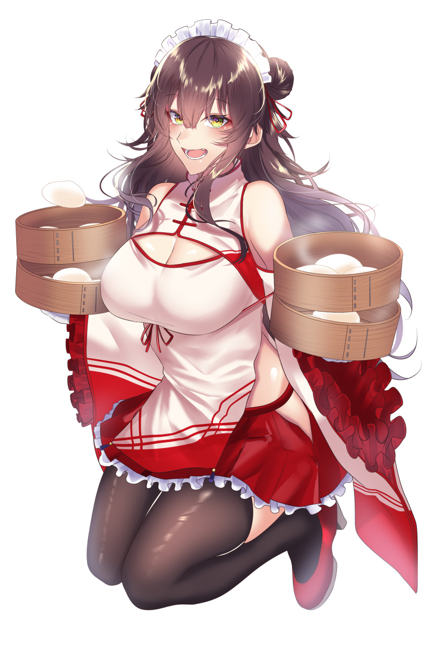 1girl absurdres baozi black_legwear breasts brown_hair china_dress chinese_clothes cleavage cleavage_cutout clothing_cutout double_bun dress dumpling food highres holding large_breasts long_hair maid_headdress onineko-chan open_mouth original red_footwear simple_background solo thighhighs white_background yellow_eyes