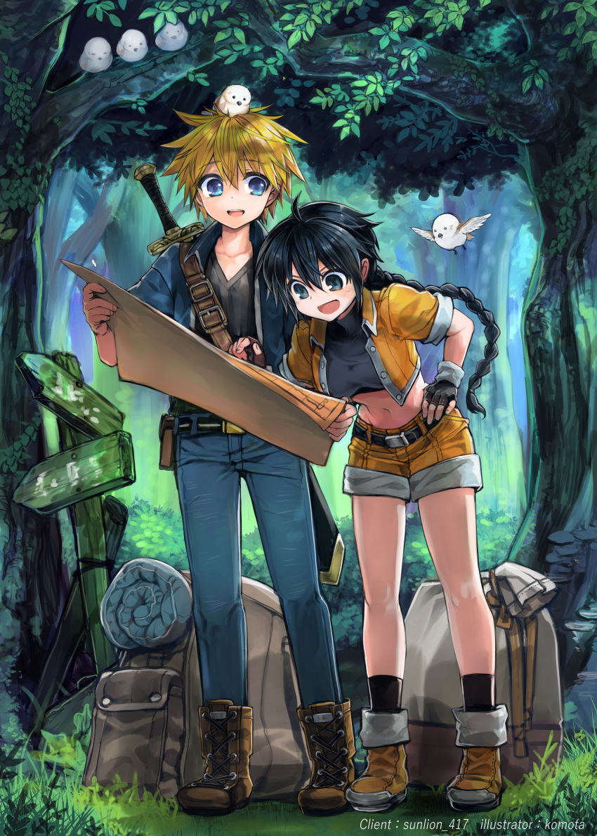 1boy 1girl :d absurdres animal_on_head ankle_boots backpack bag bird bird_on_head black_eyes black_gloves black_hair black_legwear black_shirt black_tank_top blue_jacket boots braid brown_footwear cropped_jacket fingerless_gloves forest gloves highres holding holding_map jacket komota_(kanyou_shoujo) long_hair map midriff nature navel on_head open_clothes open_jacket open_mouth original shirt short_sleeves sign smile socks tank_top weapon weapon_on_back yellow_jacket