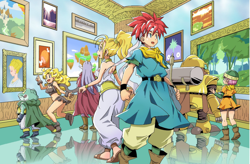 3girls ayla_(chrono_trigger) belt bike_shorts blonde_hair breasts chrono_trigger closed_mouth crono_(chrono_trigger) curly_hair frog_(chrono_trigger) glasses headband helmet highres jewelry long_hair lucca_ashtear magus_(chrono_trigger) mai_iwaizumi marle_(chrono_trigger) medium_hair multiple_boys multiple_girls necklace nu ponytail purple_hair queen_leene red_hair robo_(chrono_trigger) robot scarf short_hair smile spiked_hair