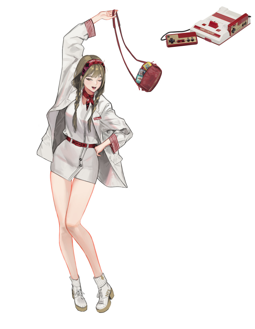 1girl absurdres bag belt braid buttons coat d-pad d-pad_hair_ornament dress english_commentary famicom famicom_cartridge fashion full_body game_cartridge game_console hair_ornament hair_over_shoulder hairband hand_on_hip handbag highres light_brown_hair medium_hair nauj_k neckerchief one_eye_closed open_clothes open_coat original personification platform_footwear red_belt red_hairband reference_inset shoes short_dress solo thigh_gap twin_braids white_background white_coat white_footwear