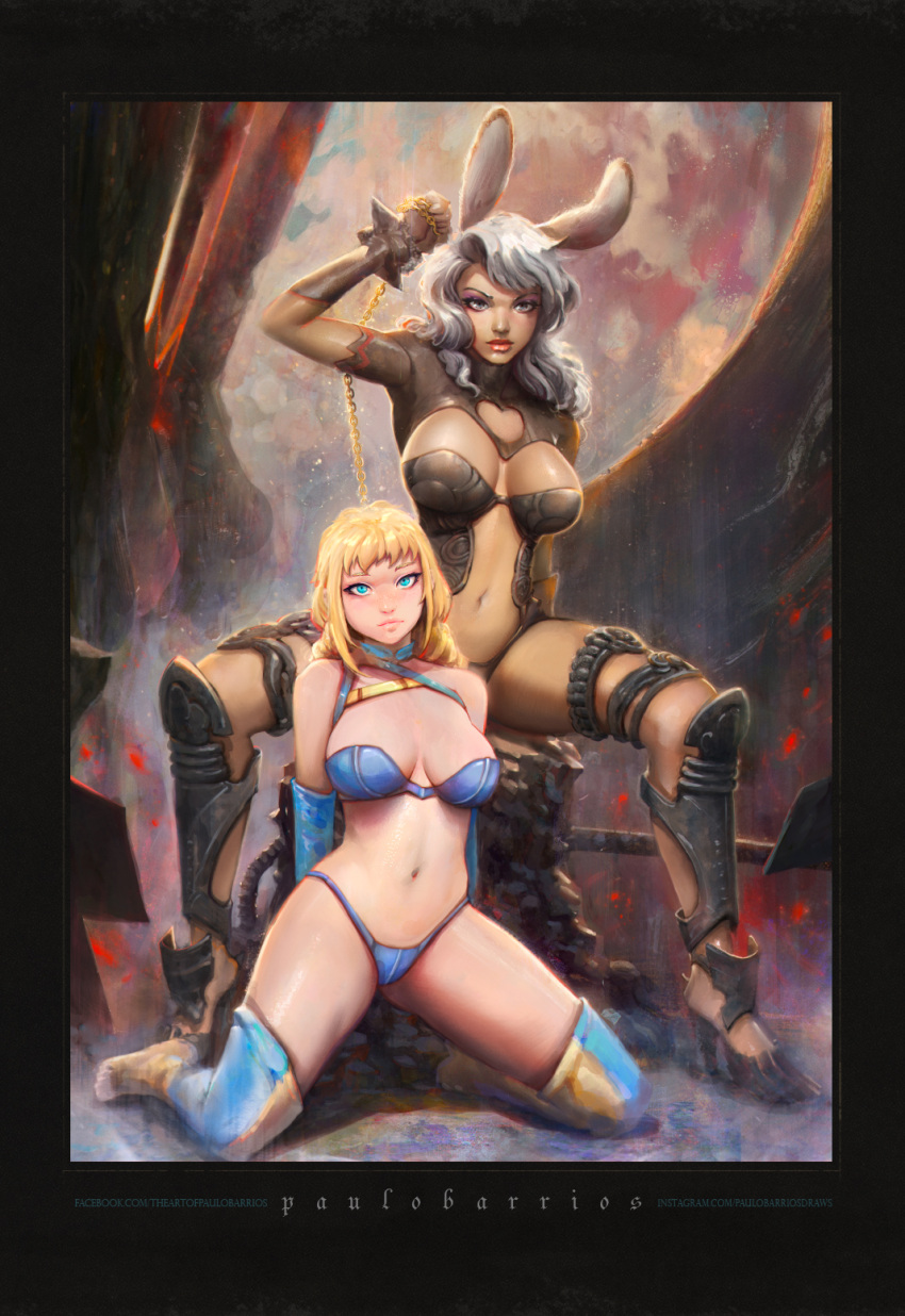 2girls animal_ears blonde_hair blue_eyes braid breasts closed_mouth dark-skinned_female dark_skin final_fantasy final_fantasy_xii fran_(ff12) full_body highres long_hair looking_at_viewer multiple_girls paulo_barrios penelo rabbit_ears twin_braids viera white_hair