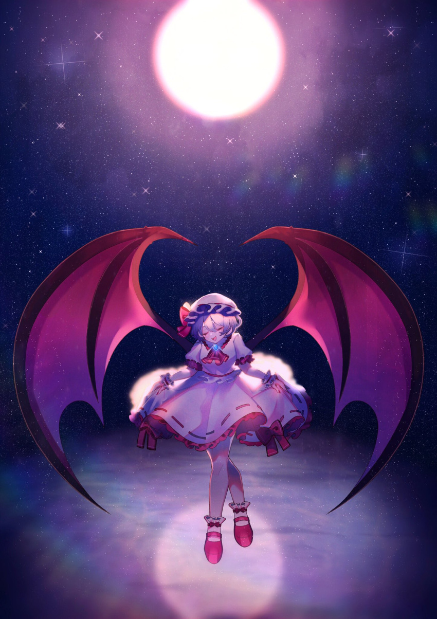 1girl :d ascot blush bowing brooch closed_eyes commentary demon_wings eyebrows_behind_hair fangs frilled_skirt frills full_body full_moon hair_between_eyes hat hat_ribbon highres jewelry kokonoe826 large_wings mary_janes mob_cap moon open_mouth pink_headwear pink_skirt puffy_short_sleeves puffy_sleeves purple_hair red_ascot red_footwear red_ribbon remilia_scarlet ribbon ribbon-trimmed_skirt ribbon_trim shoes short_hair short_sleeves skirt skirt_hold skirt_set smile socks solo sparkle standing touhou white_legwear wings