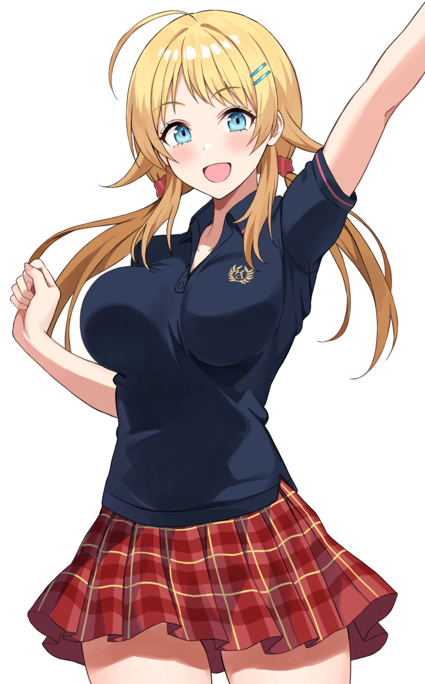 ahoge arm_up asato_(fadeless) bangs black_shirt blonde_hair blue_eyes blush breasts checkered_clothes checkered_skirt clenched_hand commentary_request eyebrows_visible_through_hair eyelashes hachimiya_meguru hair_ornament hairclip hand_up highres idolmaster idolmaster_shiny_colors large_breasts looking_at_viewer low_twintails open_mouth red_scrunchie red_skirt scrunchie shirt short_sleeves skirt smile solo thighs twintails white_background wing_collar