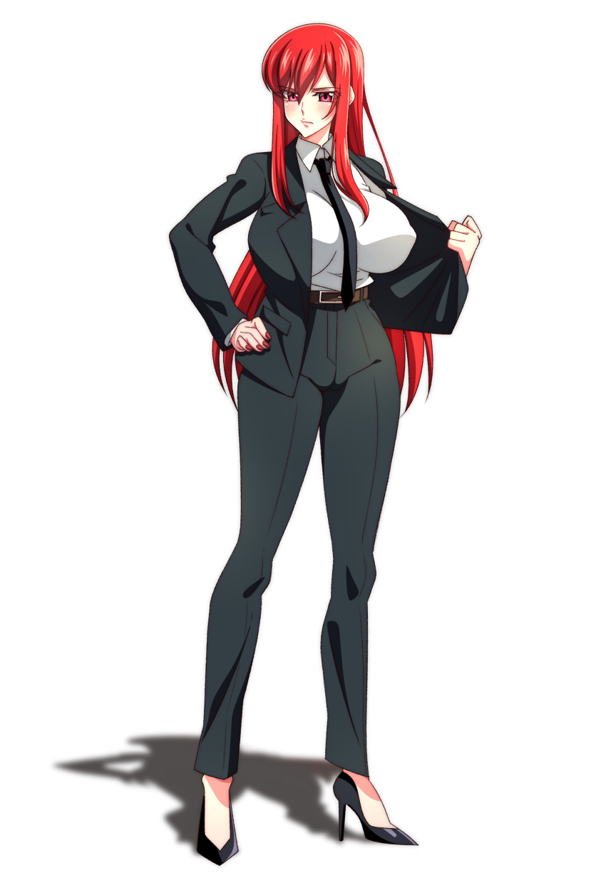 1girl absurdres alternate_breast_size alternate_costume bangs belt between_breasts black_footwear black_jacket black_necktie black_sleeves blush breasts cameltoe closed_mouth collared_shirt commentary_request covered_nipples erza_scarlet fairy_tail formal hair_between_eyes hand_on_hip high_heels highres jacket legs_apart long_bangs long_hair long_legs long_sleeves necktie necktie_between_breasts no_bra open_clothes open_jacket pointy_nose red_eyes red_hair red_nails shadow shirt simple_background solo standing suit tachi-e ushineko_(onekosama1234) white_background white_shirt