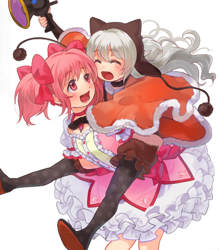 2girls absurdres blush brown_headwear brown_shorts bubble_skirt cape carrying choker closed_eyes commentary_request cow eyebrows_visible_through_hair flypopo fur-trimmed_cape fur_collar fur_trim highres holding kaname_madoka long_hair looking_at_another mahou_shoujo_madoka_magica mahou_shoujo_madoka_magica_movie momoe_nagisa multiple_girls open_mouth pantyhose piggyback pink_hair polka_dot polka_dot_legwear puffy_short_sleeves puffy_shorts puffy_sleeves red_choker red_eyes short_hair short_sleeves short_twintails shorts silver_hair simple_background skirt smile twintails wavy_hair white_background