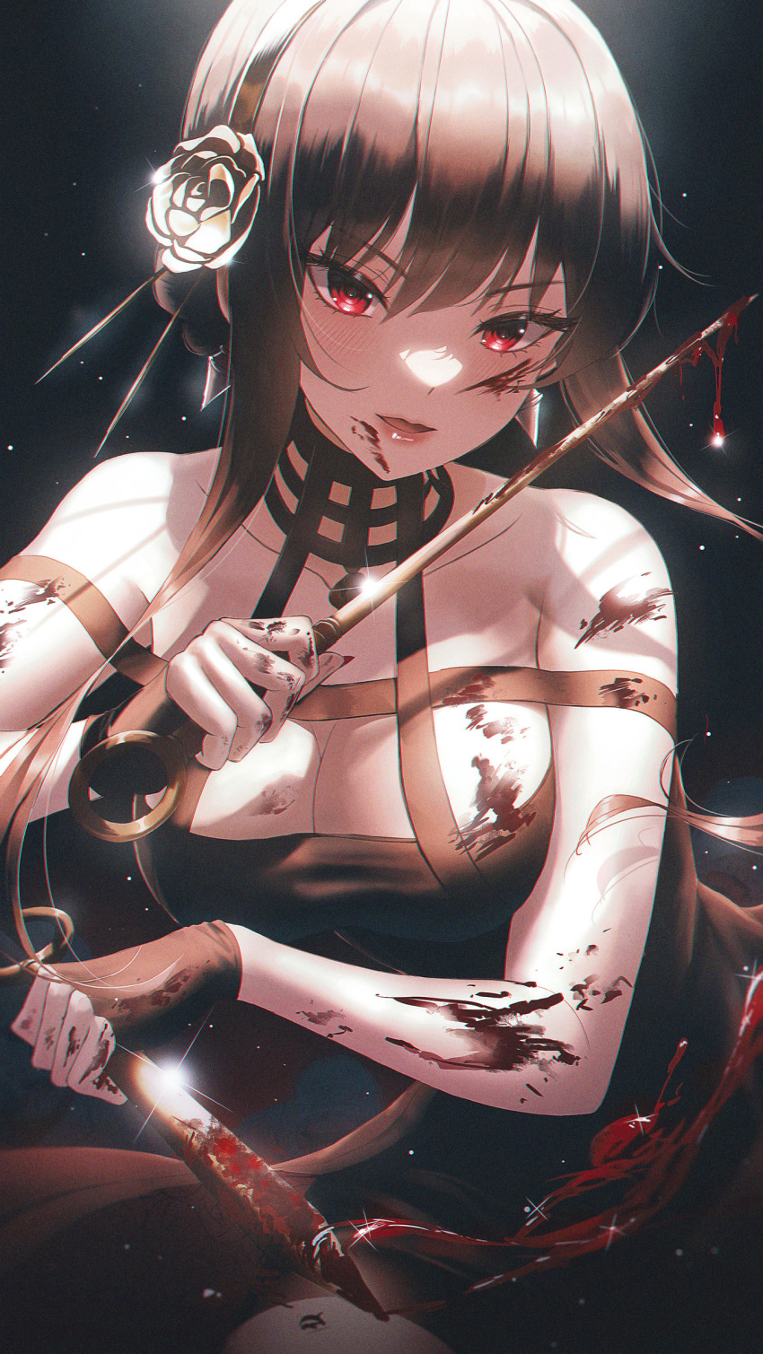 1girl absurdres bangs bare_shoulders black_dress blood blood_on_face blood_on_weapon blush breasts cleavage dress flower hair_flower hair_ornament hhl_(ggul80hg58) highres holding holding_weapon knife large_breasts long_hair looking_at_viewer red_eyes solo spy_x_family weapon yor_briar