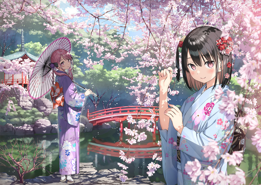 2girls bangs black_hair blue_kimono blush bridge building cherry_blossoms closed_mouth commentary floral_print flower garden hair_flower hair_ornament hand_up highres holding japanese_clothes kantoku kanzashi kimono kurumi_(kantoku) lake long_hair long_sleeves looking_at_viewer multiple_girls obi original outdoors parasol parted_lips pink_eyes pink_flower pink_hair purple_kimono sash scenery shizuku_(kantoku) short_hair smile standing symbol-only_commentary tree umbrella water