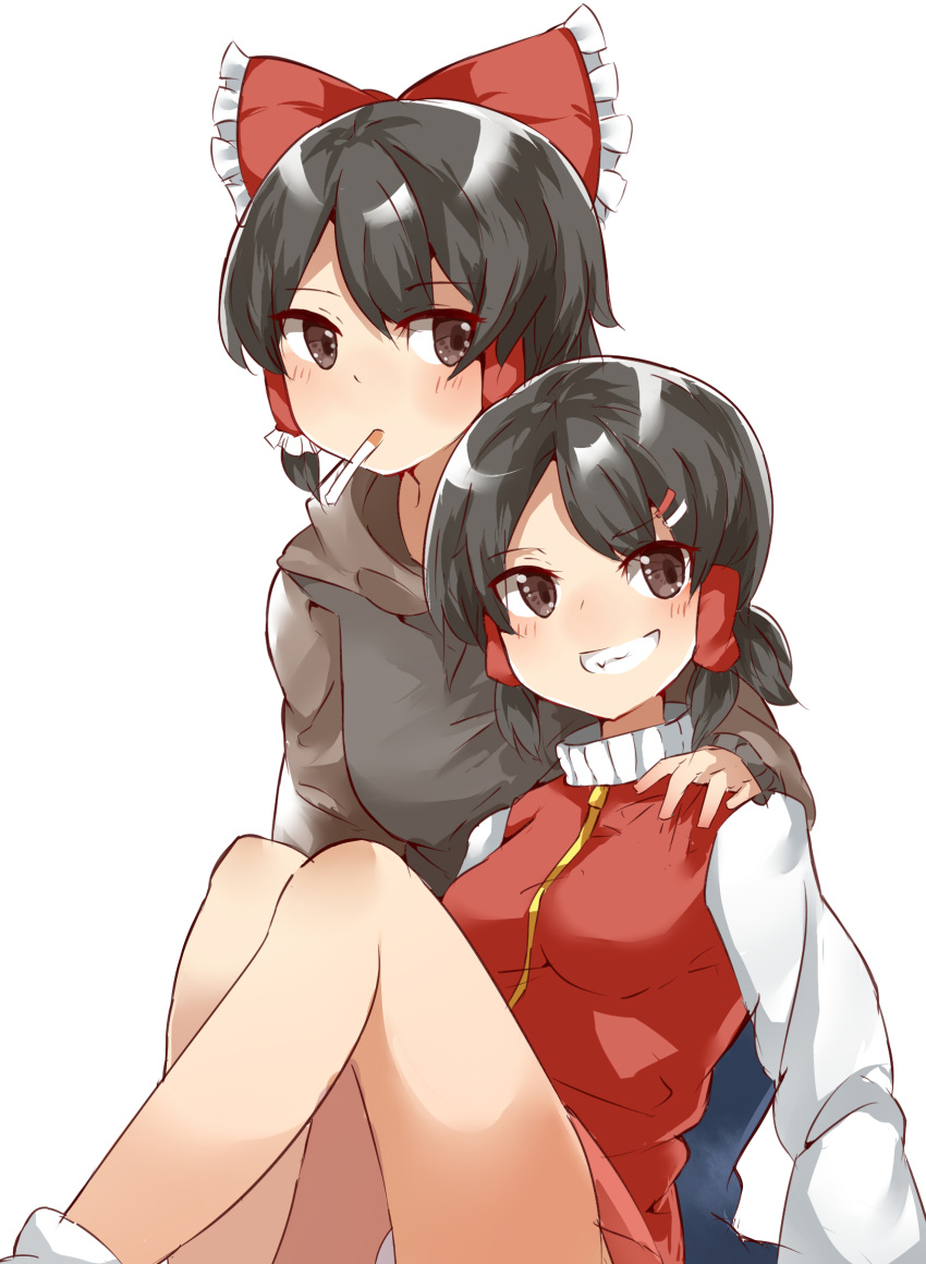 2girls bangs black_hair blush bow brown_eyes cigarette cili_(cookie) commentary_request cookie_(touhou) eyes_visible_through_hair feet_out_of_frame frilled_hair_tubes frills grey_hoodie grin hair_bow hair_tubes hakurei_reimu hand_on_another's_shoulder highres hood hoodie jacket long_sleeves looking_at_viewer low_ponytail maru_(cookie) multiple_girls raglan_sleeves red_bow red_jacket short_hair short_ponytail sidelocks simple_background smile touhou white_background yumekamaborosh