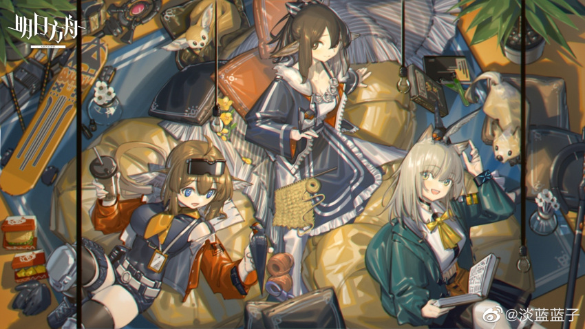 3girls :d aciddrop_(arknights) ahoge animal animal_ears animal_on_head arknights arm_up arrow_(projectile) bare_shoulders belt belt_pouch bird bird_ears bird_on_hand bird_on_head black_choker black_footwear black_jumpsuit black_legwear black_shirt black_shorts black_skirt blonde_hair blue_eyes book box bracelet breasts brown_eyes brown_hair bubble_tea burger choker cleavage collared_shirt covered_navel cup cushion disposable_cup dog dog_ears eyewear_on_head flower food fox fox_ears frilled_skirt frills from_above gloves gloves_removed green_jacket highres holding holding_book holding_cup id_card impossible_clothes impossible_shirt infection_monitor_(arknights) jacket jewelry jumpsuit knee_pads lanzi_(415460661) large_breasts light_bulb long_hair long_sleeves looking_at_viewer looking_up lying medium_breasts multiple_girls neck_ribbon off_shoulder on_back on_head open_book open_clothes open_jacket open_mouth perfumer_(arknights) petals pillow plant podenco_(arknights) ponytail potted_plant pouch red_jacket ribbon shirt shoes short_shorts shorts sitting skateboard skirt smile staff sunglasses test_tube thigh_strap thighhighs vase white_flower wool yellow_eyes yellow_flower yellow_ribbon