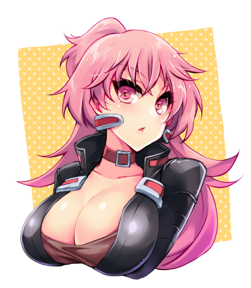 1girl bangs black_jacket border breasts cleavage collar collarbone dancouga_(series) eyebrows_visible_through_hair head_tilt hidaka_aoi highres jacket juusou_kikou_dancouga_nova large_breasts long_hair parted_lips pink_eyes pink_hair red_collar shapiro solo white_border