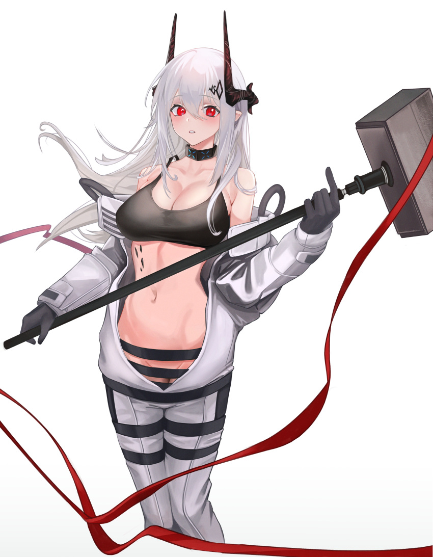 1girl absurdres arknights bangs bare_shoulders black_gloves blush breasts cleavage collar collarbone cropped_legs eyebrows_visible_through_hair gloves groin hair_between_eyes hair_ornament hammer highres holding holding_hammer holding_weapon horns infection_monitor_(arknights) large_breasts long_hair long_sleeves looking_at_viewer miyazaki-san_(mmyyzk) mudrock_(arknights) navel no_panties open_clothes oripathy_lesion_(arknights) parted_lips pointy_ears red_eyes silver_hair simple_background solo sports_bra standing stomach weapon white_background