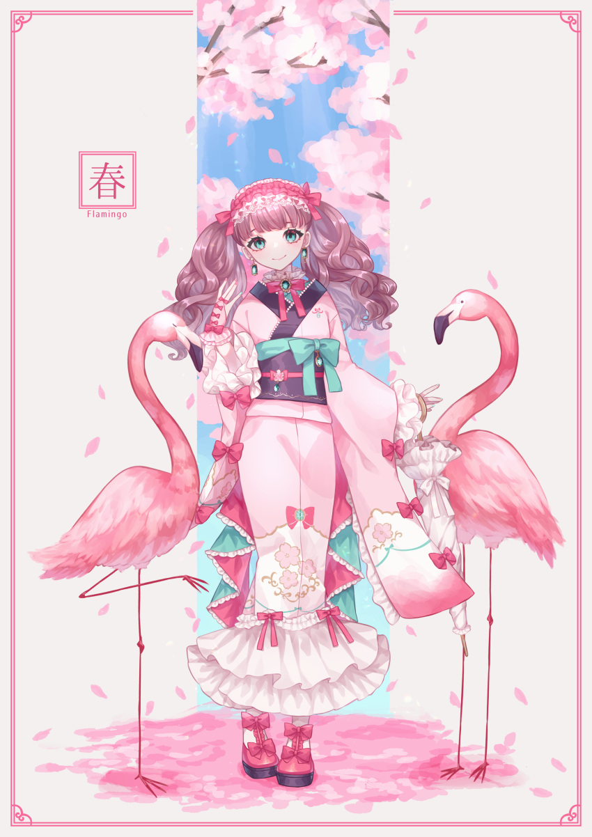 1girl absurdres akikawa_higurashi arm_up bangs bird blue_eyes blunt_bangs border bow brown_hair cherry_blossoms closed_mouth curly_hair dress earrings flamingo footwear_bow frills gem gloves headband highres holding holding_umbrella japanese_clothes jewelry kimono long_dress long_hair long_sleeves looking_at_viewer nail_polish neck_ribbon original parasol partially_fingerless_gloves petals ribbon sleeve_bow smile solo twintails umbrella wide_sleeves