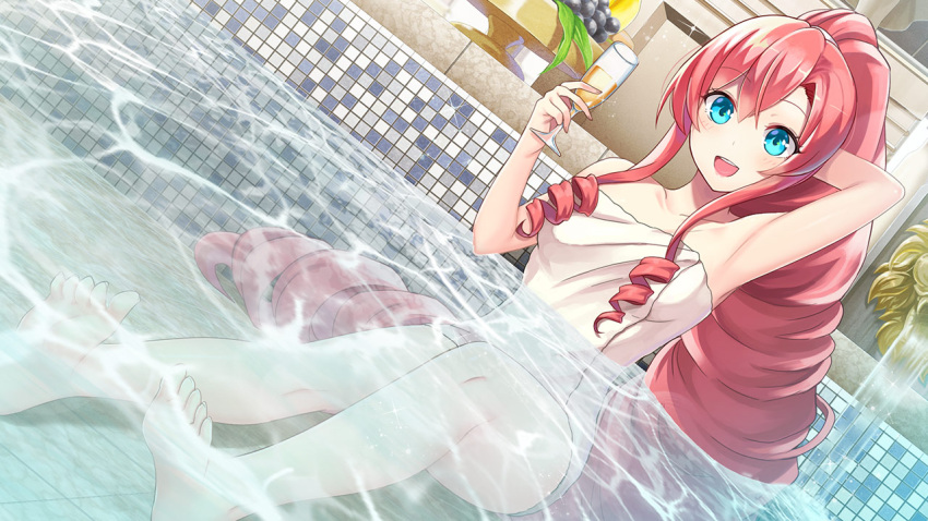 1girl absurdly_long_hair arm_behind_head armpits artist_request artwhirl_mahou_gakuen_no_otome-tachi bare_legs barefoot bath bathing breasts collarbone drill_hair dutch_angle emerane game_cg high_ponytail holding indoors long_hair medium_breasts naked_towel partially_submerged pink_hair shiny shiny_hair sidelocks sitting soles solo towel twin_drills very_long_hair victoria_(artwhirl)