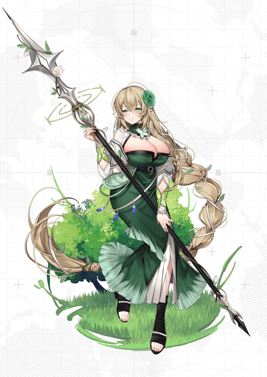 #compass 1girl absurdly_long_hair bangs black_footwear blonde_hair blue_gemstone boots braid breasts brooch cleavage cross-laced_footwear crossed_bangs dress elf flower frills full_body gem glint grass green_dress green_flower green_gemstone green_nails hair_flower hair_ornament hair_ribbon hand_up highres holding holding_polearm holding_weapon huge_breasts jewelry knees_together_feet_apart long_hair machi_(7769) mole mole_on_breast nail_polish official_art outdoors pointy_ears polearm ponytail raglan_sleeves ribbon rose second-party_source skindentation solo spear standing stellea_lala_silva toeless_footwear very_long_hair weapon white_background white_flower white_ribbon white_rose white_sleeves