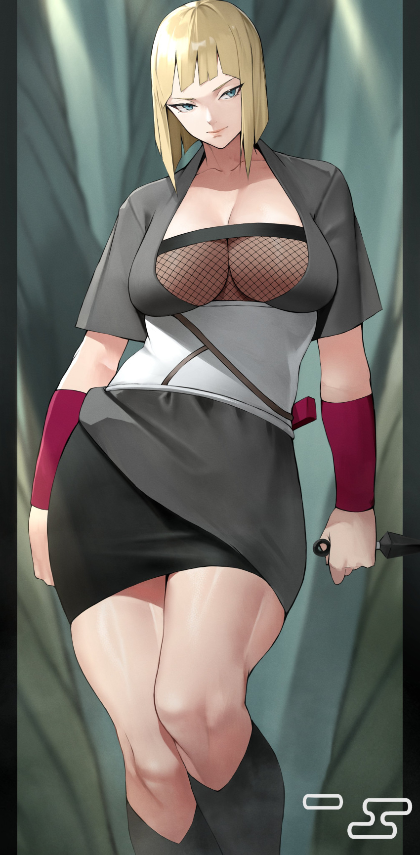 1girl absurdres bangs black_dress black_legwear blonde_hair blue_eyes bob_cut breasts cleavage collarbone detached_sleeves dress fishnet_top fishnets highres kneehighs kunai large_breasts looking_at_viewer naruto_(series) naruto_shippuuden revision samui_(naruto) short_hair short_sleeves solo thighs underbust weapon yoshio_(55level)