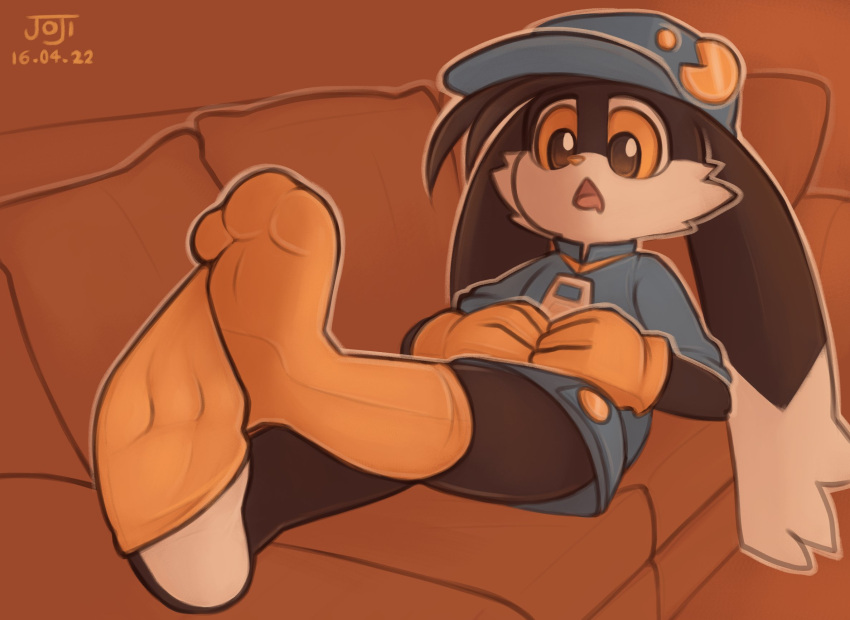 2022 3_toes anthro black_body black_fur clothing domestic_cat feet felid feline felis footwear fur furniture gloves handwear hi_res joooji klonoa klonoa_(series) male mammal pac-man pac-man_(series) pillow plantigrade simple_background socks sofa solo toes video_games white_body white_fur