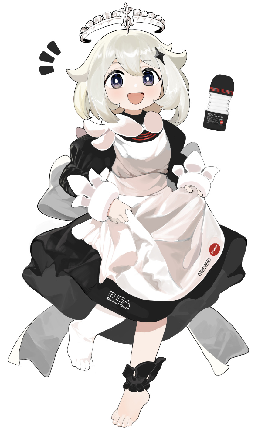 1girl absurdres alternate_costume apron apron_lift artificial_vagina asymmetrical_legwear barefoot commentary_request enmaided feet full_body genshin_impact hair_ornament halo highres looking_at_viewer maid maid_apron maid_headdress menthako paimon_(genshin_impact) ribbon sex_toy simple_background smile solo tenga toes white_background