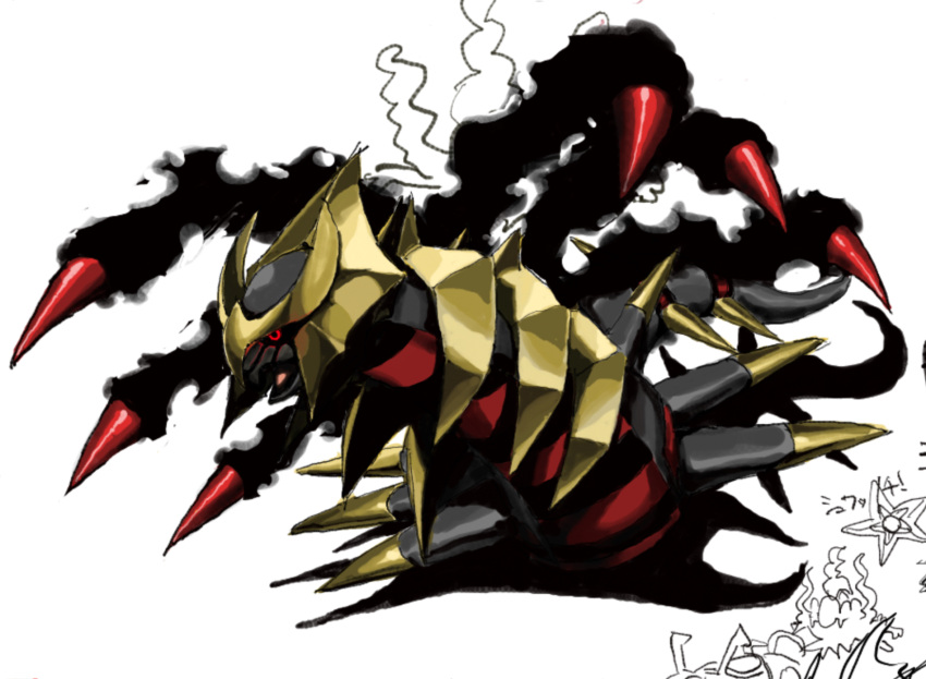 claws darkrai giratina glowing glowing_eye highres looking_ahead open_mouth orrdriver pokemon pokemon_(game) red_eyes sketch solo_focus staryu tail white_background