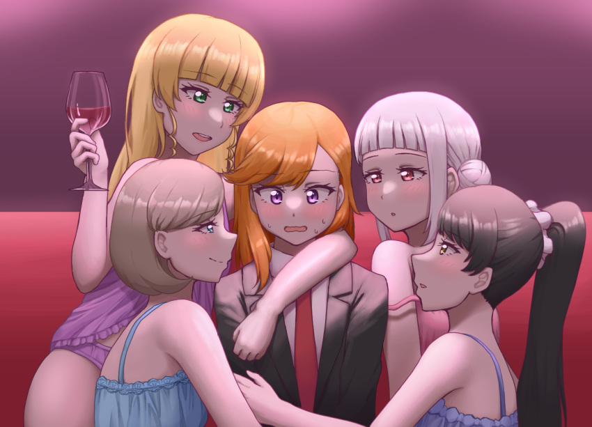 5girls arashi_chisato arm_around_neck bangs bare_shoulders black_hair blonde_hair blue_eyes blush brown_eyes brown_hair commentary_request cup drinking_glass green_eyes hair_bun harem hazuki_ren heanna_sumire holding holding_cup hrud214 long_hair looking_at_another love_live! love_live!_superstar!! multiple_girls necktie off_shoulder open_mouth orange_hair pink_eyes ponytail purple_eyes red_necktie shibuya_kanon short_hair smile sweat tang_keke white_hair wine_glass yuri