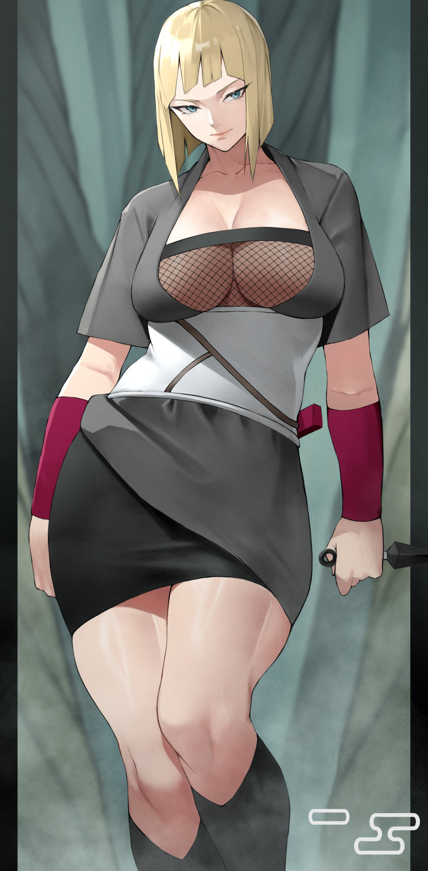 1girl absurdres bangs black_dress black_legwear blonde_hair blue_eyes bob_cut breasts cleavage collarbone detached_sleeves dress fishnet_top fishnets highres kneehighs kunai large_breasts looking_at_viewer naruto_(series) naruto_shippuuden samui_(naruto) short_hair short_sleeves solo thighs underbust weapon yoshio_(55level)