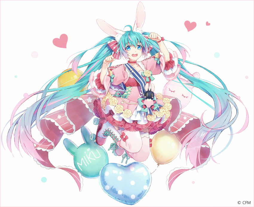 1girl :d ahoge animal_ear_fluff animal_ears aqua_hair arm_up balloon blue_eyes boots bow character_name commentary cross-laced_footwear dress flower gradient_hair hair_bow hakusai_(tiahszld) hand_up hatsune_miku heart heart_balloon lace-up_boots long_hair looking_at_viewer midair multicolored_hair open_mouth pink_dress pink_hair puffy_short_sleeves puffy_sleeves rabbit_ears red_bow revision roller_skates rose short_sleeves skates smile solo striped striped_bow teeth thighhighs thighhighs_under_boots twintails upper_teeth very_long_hair vocaloid white_background white_footwear white_legwear yellow_flower yellow_rose