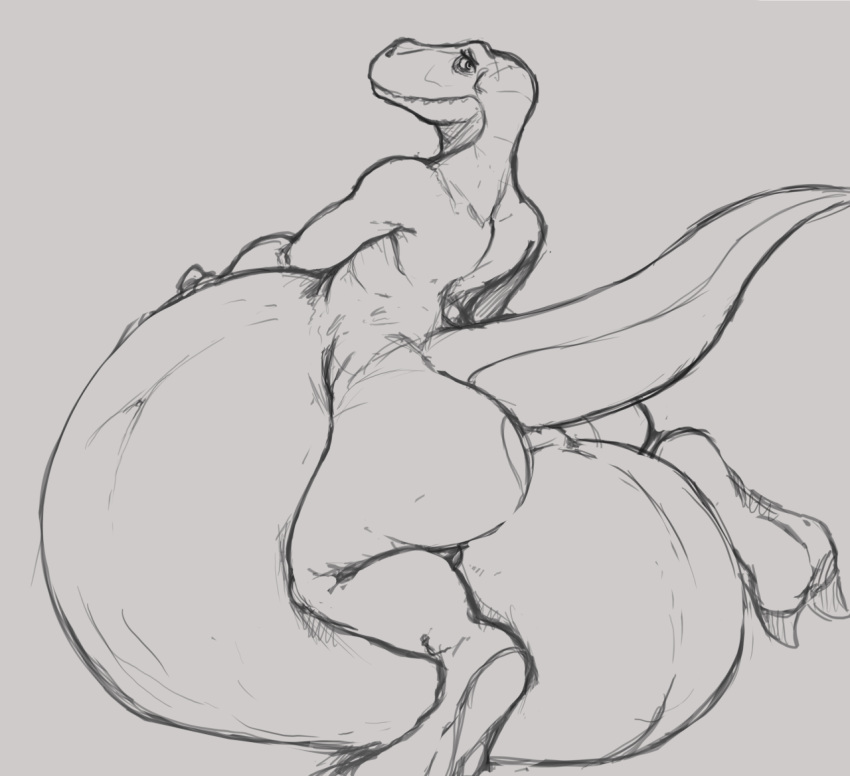 anthro belly big_belly big_butt bloated butt claws dinosaur female heather_(susfishous) hyper hyper_belly inflation looking_at_viewer looking_back monochrome nude reptile scalie solo susfishous