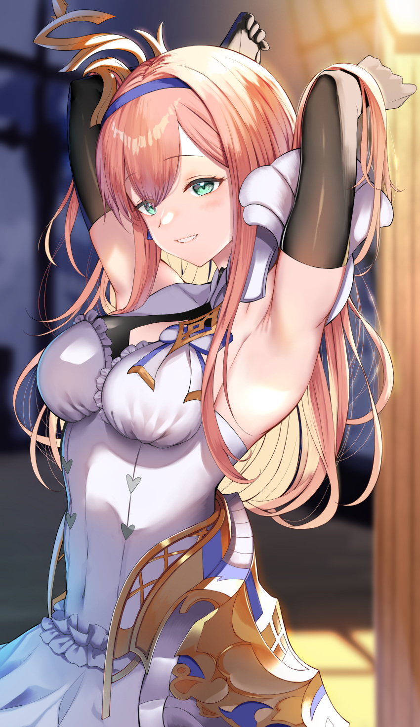 1girl absurdres arm_up armor armpits blonde_hair breasts dress elbow_gloves enyo_(granblue_fantasy) gloves granblue_fantasy green_eyes hairband head_tilt highres jewelry medium_breasts presenting_armpit shoulder_armor sleeveless sleeveless_dress smile solo upper_body vambraces white_dress yamato_(muchuu_paradigm)