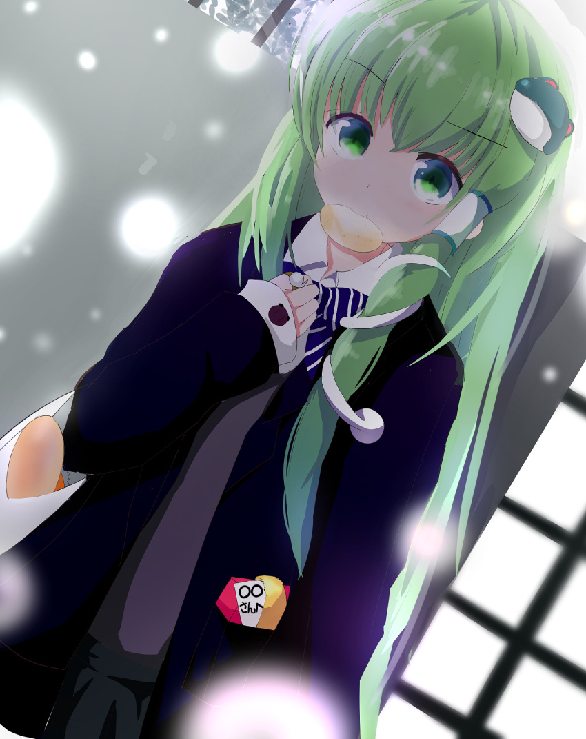 1girl :t alternate_costume arm_at_side bag bangs blush bow cardigan chips eating food food_in_mouth frog_hair_ornament green_eyes green_hair grocery_bag hair_ornament hair_tubes hakuda32 hand_on_own_chest highres jewelry kochiya_sanae light_particles long_hair long_sleeves looking_at_viewer object_in_pocket outdoors pleated_skirt potato_chips ring school_uniform shopping_bag skirt sleeves_past_wrists snake_hair_ornament snow solo striped striped_bow sweater_vest touhou v-shaped_eyebrows very_long_hair wrapper