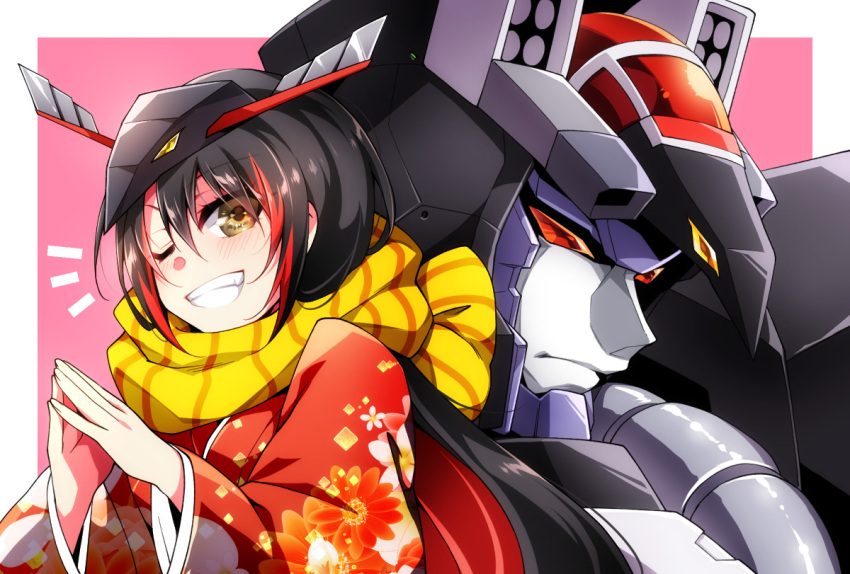 1girl bangs black_hair border choujuu_kishin_dancouga couga_(robot_girls_z) dancouga dancouga_(series) eyebrows_visible_through_hair japanese_clothes kimono long_hair mecha multicolored_hair one_eye_closed own_hands_together pink_background red_hair red_kimono robot_girls_z scarf shapiro streaked_hair super_robot white_border yellow_scarf