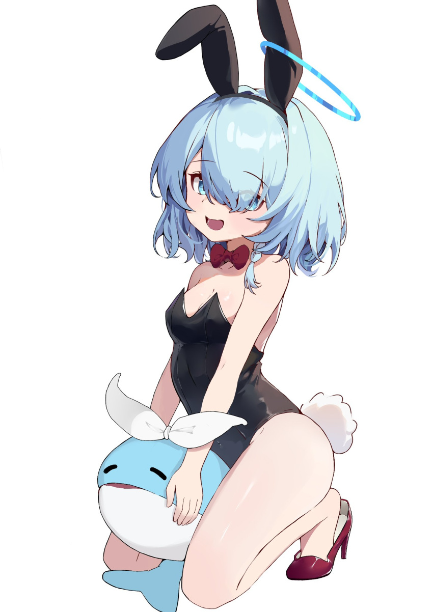 1girl :d animal_ears arona_(blue_archive) ayaha_4780828 blue_archive blue_eyes blue_hair bow bowtie braid eyebrows_visible_through_hair hair_over_one_eye halo high_heels highres looking_at_viewer playboy_bunny rabbit_ears rabbit_tail red_bow red_bowtie red_footwear short_hair single_braid smile solo tail whale white_bow