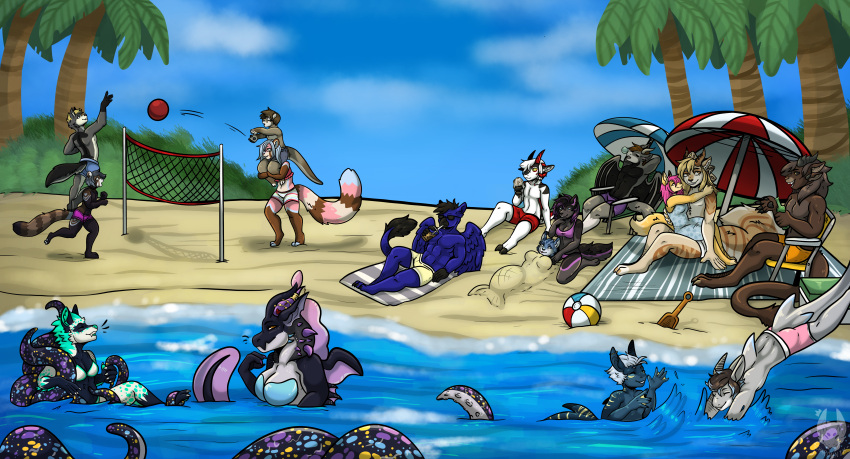 absurd_res ailurid ambiguous_gender anthro avian ball basketball basketball_(ball) beach canid canine charonnix charr cuddling dragon felid female fish fox group gryphon guild_wars hi_res hybrid lutrine male mammal marine mustelid mythological_avian mythology nurah orion_starshade red_panda seaside shark tentacles video_games