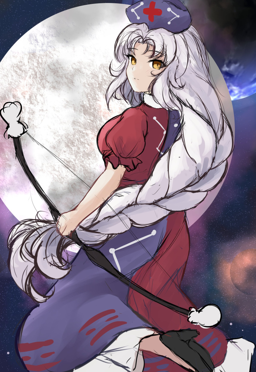 1girl absurdres black_footwear blue_dress bow_(weapon) braid collared_dress dress frilled_dress frilled_sleeves frills full_moon grey_hair hat high_heels highres long_hair moon multicolored_clothes multicolored_dress night night_sky no_socks nurse_cap orchid_(orukido) outdoors puffy_short_sleeves puffy_sleeves red_dress short_sleeves single_braid sky solo touhou very_long_hair weapon white_hair yagokoro_eirin yellow_eyes