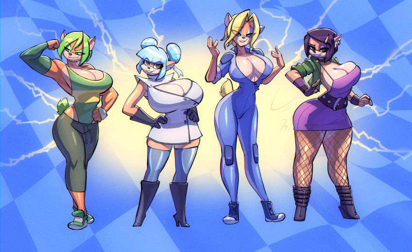 activision ami_bandicoot anthro bandicoot big_breasts bigdad bodysuit boots breasts cleavage cleavage_cutout clothed clothing crash_bandicoot_(series) dress female fingerless_gloves fishnet fishnet_legwear flexing footwear gloves group handwear hi_res high_heeled_boots high_heels huge_breasts isabella_bandicoot jacket legwear leotard liz_bandicoot looking_at_viewer mammal marsupial megumi_bandicoot muscular muscular_female skinsuit tight_clothing topwear video_games