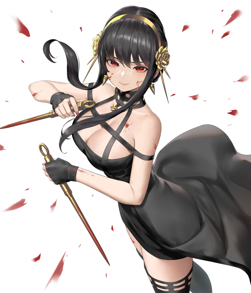 1girl absurdres bangs black_dress black_gloves black_hair black_legwear blood blood_on_face blood_on_weapon breasts cleavage commentary dagger dress dual_wielding earrings fingerless_gloves gloves hair_between_eyes hairband highres holding holding_dagger holding_weapon jewelry knife large_breasts long_hair looking_at_viewer red_eyes reverse_grip sidelocks simple_background sleeveless sleeveless_dress smile solo spy_x_family sunkilow thighhighs thighs weapon white_background yellow_hairband yor_briar zettai_ryouiki