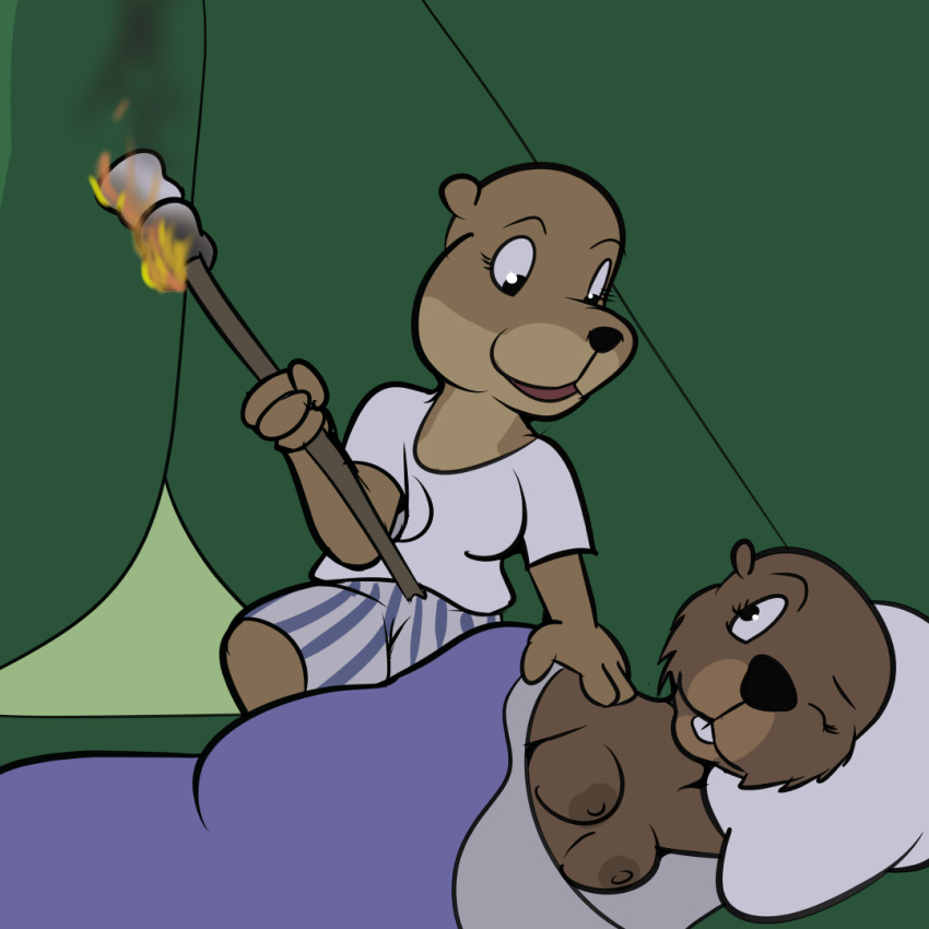 anthro beaver black_nose breasts brown_body brown_fur buckteeth candy clothed clothing dessert duo female fire food fur lisa_(study_partners) lutrine mammal marshmallow mustelid nipples nude one_eye_closed pillow rodent sarah_(study_partners) study_partners teenager teeth tent thunderouserections young