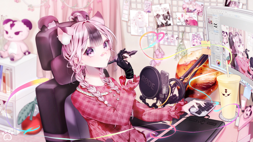 1girl absurdres animal_ears bandaid bandaid_on_face bandaid_on_nose braid cat_ears computer drawing drawing_tablet gloves highres indie_virtual_youtuber microphone multicolored_hair original partially_fingerless_gloves pink_hair plaid plaid_shirt purple_eyes recursion shirt streaked_hair stylus twin_braids virtual_youtuber xoco xoco_(vtuber)