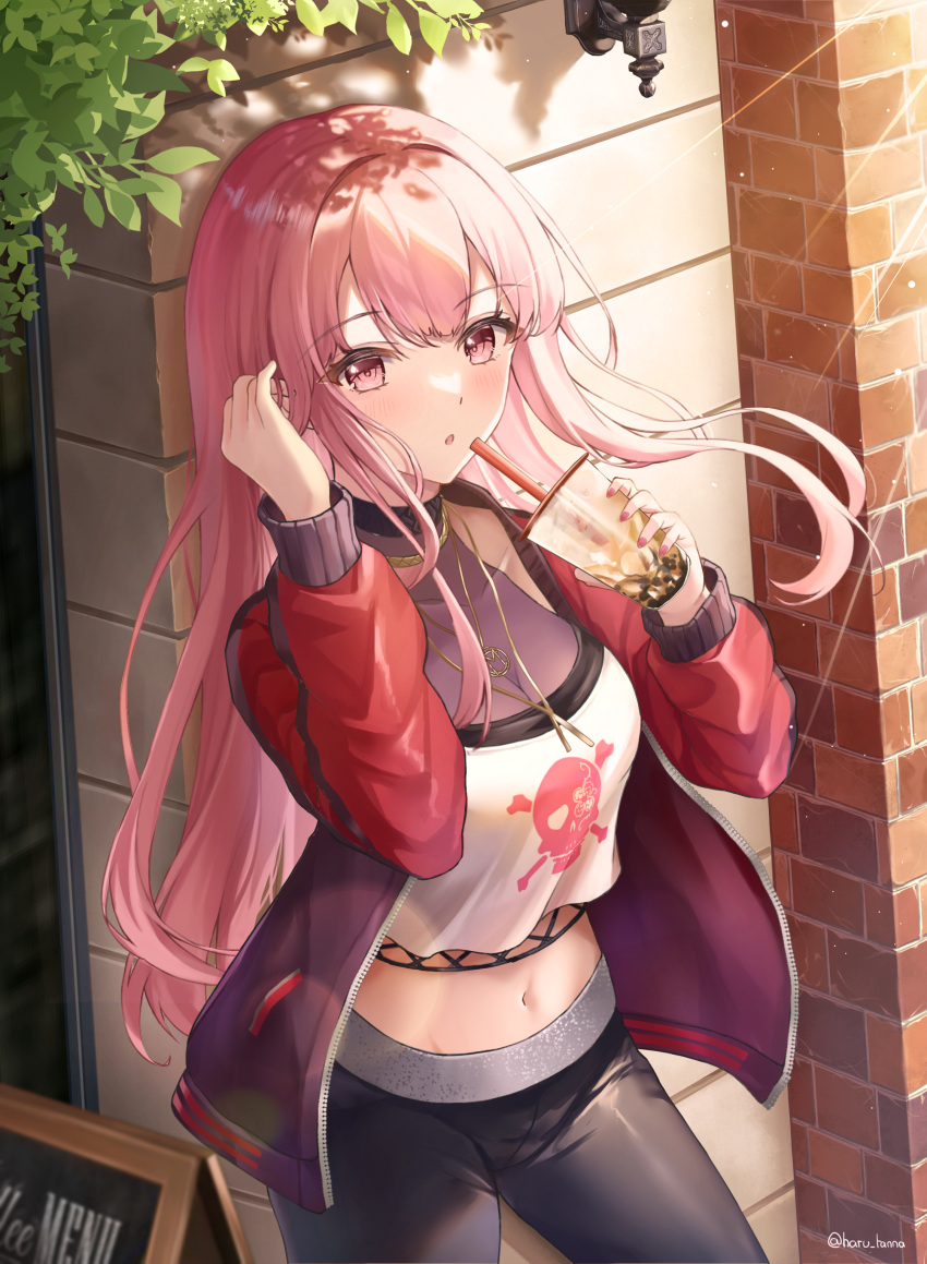 1girl absurdres bangs black_pants blush breasts bubble_tea cleavage crop_top cup day disposable_cup drink drinking_straw eyebrows_visible_through_hair floating_hair gold_necklace harukix highres holding holding_cup holding_drink hololive hololive_english jacket jewelry large_breasts long_hair menu_board midriff mori_calliope navel necklace no_hat no_headwear official_alternate_costume open_mouth outdoors pants pink_eyes pink_hair print_shirt red_jacket shirt skull_print solo sunlight virtual_youtuber